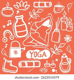 Beautiful hand drawn illustration yoga Doodle style drawing, About me concept with hobbies and interests, Yoga set in doodle style. cute cartoon illustrations hand-drawn,