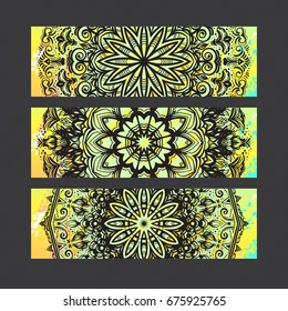 Beautiful hand drawn Indian ornament mandala on grunge background in watercolor style. Vector set illustrations.Can be used to print on the phone, to create a poster, tattoo, yoga Mat.