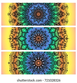 Beautiful hand drawn Indian ornament mandala on grunge background in watercolor style. Vector set illustrations.Can be used to print on the phone, to create a poster, tattoo, yoga Mat.