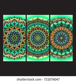 Beautiful hand drawn Indian ornament mandala on grunge background in watercolor style. Vector set illustrations.Can be used to print on the phone, to create a poster, tattoo, yoga Mat.