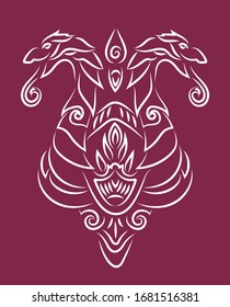 Beautiful hand drawn insignia with two white snakes isolated on the purple background