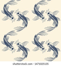 Beautiful hand drawn Koi carp fish seamless pattern. Ornate Asian animal endless stylish texture. Ornament for of spirituality, religion, zen. Isolated vector repetition background.