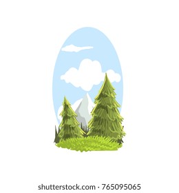 Beautiful hand drawn landscape scene with firs and mountain peak. Coniferous evergreen tree. Colorful forest nature print. Flat vector botanical illustration.