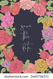 Beautiful hand drawn line art pink rose flowers and leaves vertical oval frame on black background with text Save the Date. Vintage romantic floral border card template for wedding vector illustration