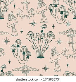 Beautiful hand drawn line mushroom seamless pattern. Floral, ornate, decorative, tribal, forest vector design elements.