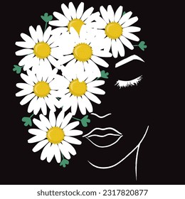 Beautiful hand drawn line woman face with daisy flower