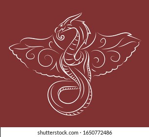 Beautiful hand drawn linear fantasy illustration with white flying snake silhouette on the red background