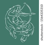 Beautiful hand drawn linear illustration with zodiac symbol sagittarius silhouette on the green background