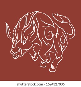 Beautiful hand drawn linear illustration with white running bull silhouette on the red background