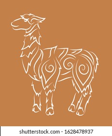 Beautiful hand drawn linear illustration with white cartoon lama silhouette on the peru color background