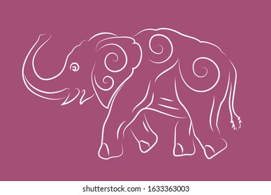 Beautiful hand drawn linear illustration with white elephant silhouette on the pink background