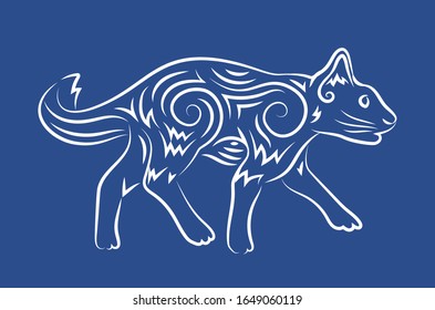 Beautiful hand drawn linear illustration with white cat silhouette on the blue background