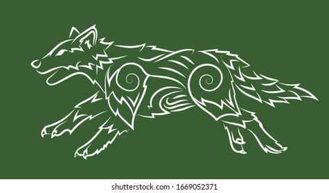 Beautiful hand drawn linear tribal illustration with white cartoon wolf silhouette on the green background
