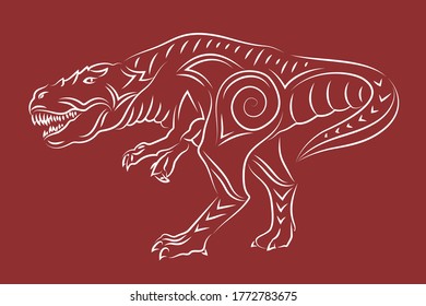 Beautiful hand drawn linear tribal illustration with white tyrannosaurus silhouette isolated on the red background