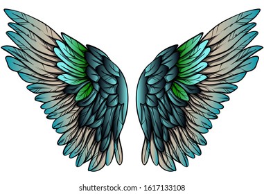 Beautiful hand drawn magic turquoise beige green vector wings