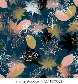 Beautiful Hand drawn Maple leaves mix with modern line in maple shape and autumn leaves element  seamless pattern vector layer for fashion,fabric,and all prints on dark green 