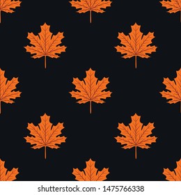 Beautiful Hand drawn Maple leaves mix with modern line in maple shape and autumn leaves element seamless pattern vector layer for fashion,fabric,and all prints on dark green