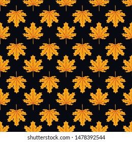 Beautiful Hand drawn Maple leaves mix with modern line in maple shape and autumn leaves element seamless pattern vector layer for fashion,fabric,and all prints on dark green