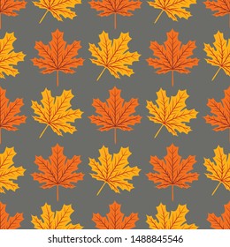 Beautiful Hand drawn Maple leaves mix with modern line in maple shape and autumn leaves element seamless pattern vector layer for fashion,fabric,and all prints on dark green
