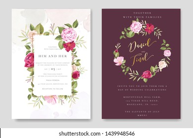 belle carte de mariage et d'invitation avec cadre floral et feuilles