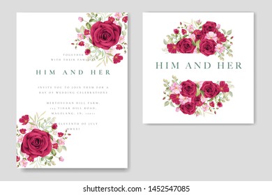 beautiful hand drawn maroon rose wedding invitation card set