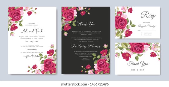 beautiful hand drawn maroon rose wedding invitation card set