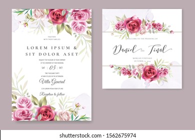 beautiful hand drawn maroon rose wedding invitation card set 