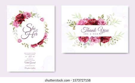 beautiful hand drawn maroon rose wedding invitation card set