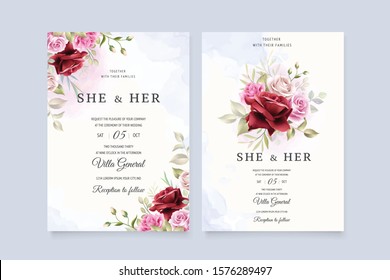 Beautiful Hand Drawn Maroon Rose Wedding Invitation Card Set