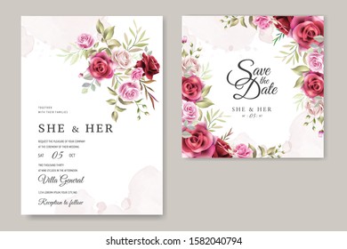 beautiful hand drawn maroon rose wedding invitation card set