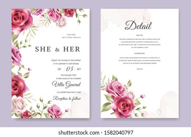 beautiful hand drawn maroon rose wedding invitation card set