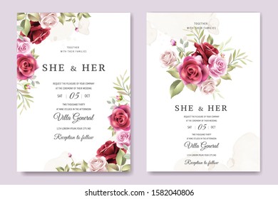 Beautiful Hand Drawn Maroon Rose Wedding Invitation Card Set