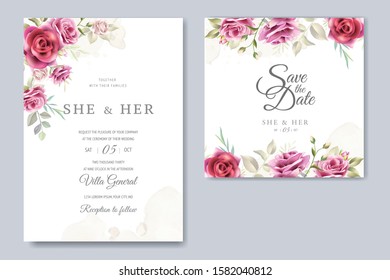beautiful hand drawn maroon rose wedding invitation card set