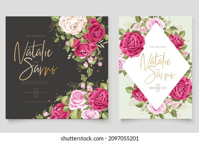 beautiful hand drawn maroon rose wedding invitation card set