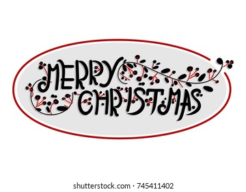 Beautiful Hand drawn merry Christmas with flowers and leaves, Christmas berry and round frame. great for invitation card, open card,  greeting card or other prints 