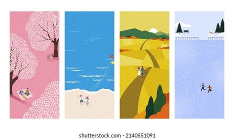 Beautiful hand drawn mobile wallpaper collection. Four seasons of romantic love. - Shutterstock ID 2140551091