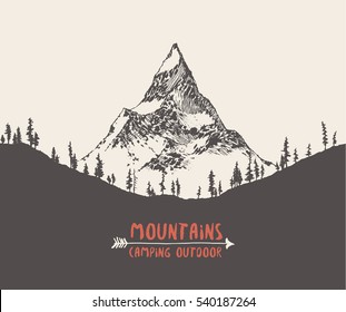 Beautiful hand drawn mountain landscape with pine forest, vintage vector illustration