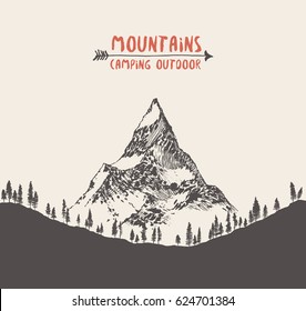 Beautiful hand drawn mountain landscape with pine forest, vintage vector illustration