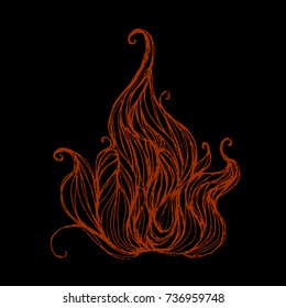 Beautiful hand drawn orange flat flame on a black background. Winding fire. Nice graphic element. 
