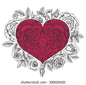 Beautiful hand drawn ornate heart in zentangle style with many details, rose flowers and leaves. Illustration for Greeting Card or invitation. St Valentine card