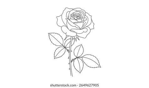 Beautiful hand drawn outline of a single rose flower with stem and leaves detailed petal structure and thorny stem emphasizing classic floral beauty and elegance