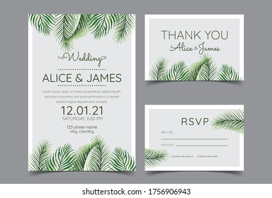 Beautiful hand drawn palm leaf natural wedding invitation cards. Includes invitation templates, RSVP, and thank you cards. Vector