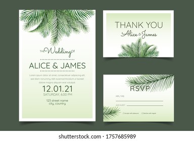 Beautiful hand drawn palm leaf natural wedding invitation cards. Includes invitation templates, RSVP, and thank you cards. Vector