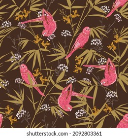 Beautiful Hand drawn parrot birds in Bamboo forests with small flowers seamless pattern oriental mood ,Design for fashion , fabric, textile, wallpaper, cover, web , wrapping and all prints 
