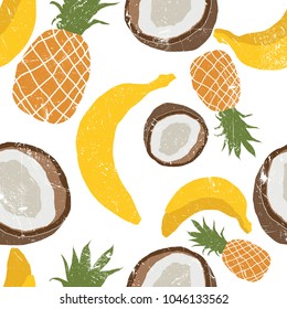 Beautiful hand drawn pattern with bananas, coconuts, pineapples. Seamless vector floral pattern, summer background. Grunge texture modern and trendy lino style.
