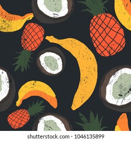 Beautiful hand drawn pattern with bananas, coconuts, pineapples. Seamless vector floral pattern, summer background. Grunge texture modern and trendy lino style.