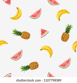  Beautiful hand drawn pattern with bananas,  pineapples, watermelon slices. Seamless vector floral pattern,  tropical summer illustration background.
