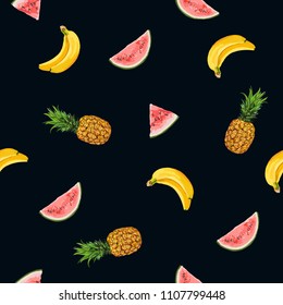  Beautiful hand drawn pattern with bananas,  pineapples, watermelon slices. Seamless vector floral pattern,  tropical summer illustration. Isolated on black background.