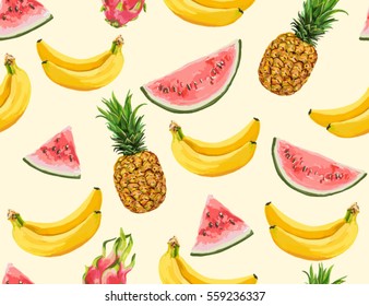 Beautiful hand drawn pattern with bananas, watermelon, pineapples. Seamless vector floral pattern, summer background.