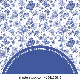 Beautiful hand - drawn pattern with butterflies and flowers and space for text